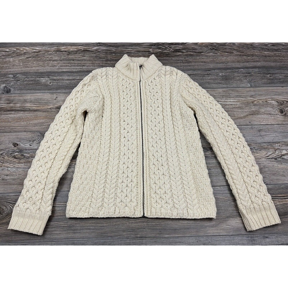 Inis Crafts Sweater Women Front Zip Wool Cable Knit Ireland Cabincore Nordic MED